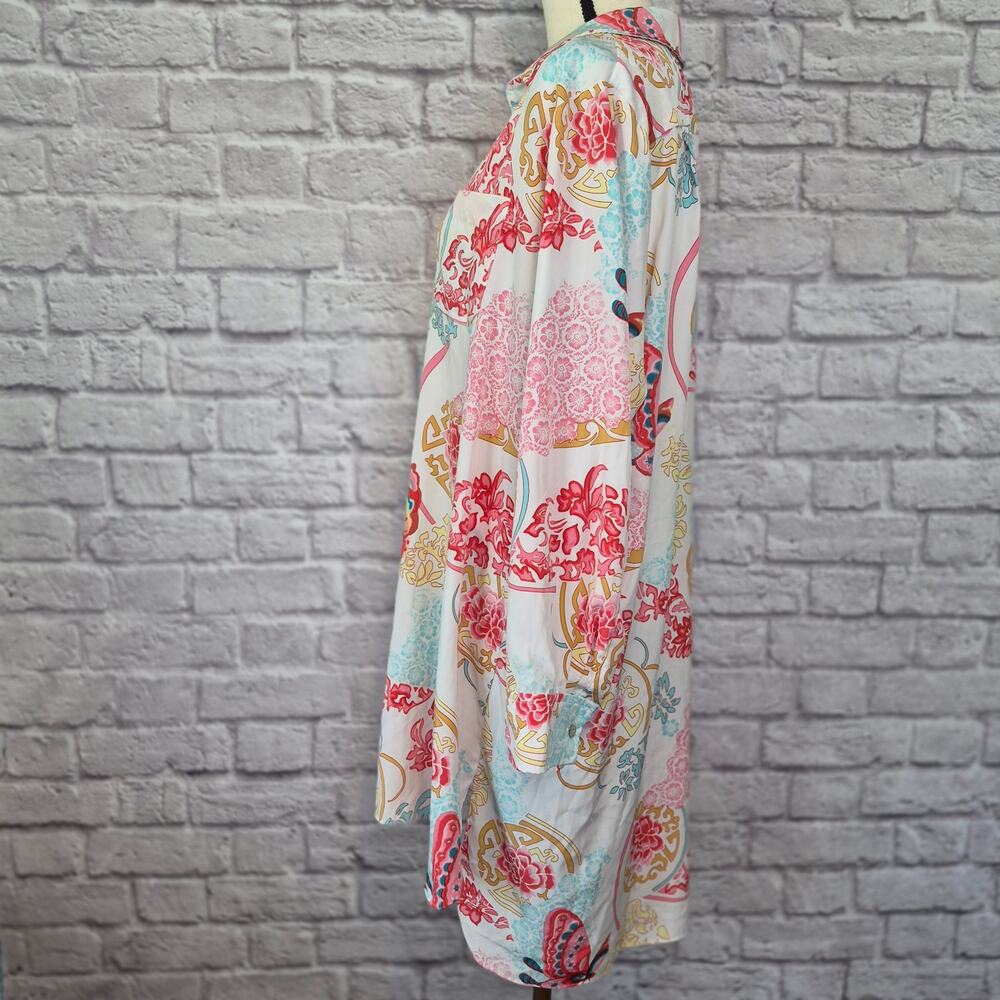 Natori Boho Floral Medallion Tunic Dress Split V Neck Butterfly Sleep Shirt Sz L - Picture 8 of 10